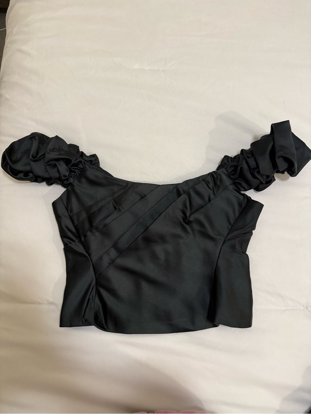 LoveShackFancy Black Ruffle Sleeve Satin Crop Top